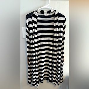 Black and White Striped Long Cardigan with Elbow Patches